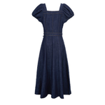 Puff Sleeve Square Neck Denim Midi Dress