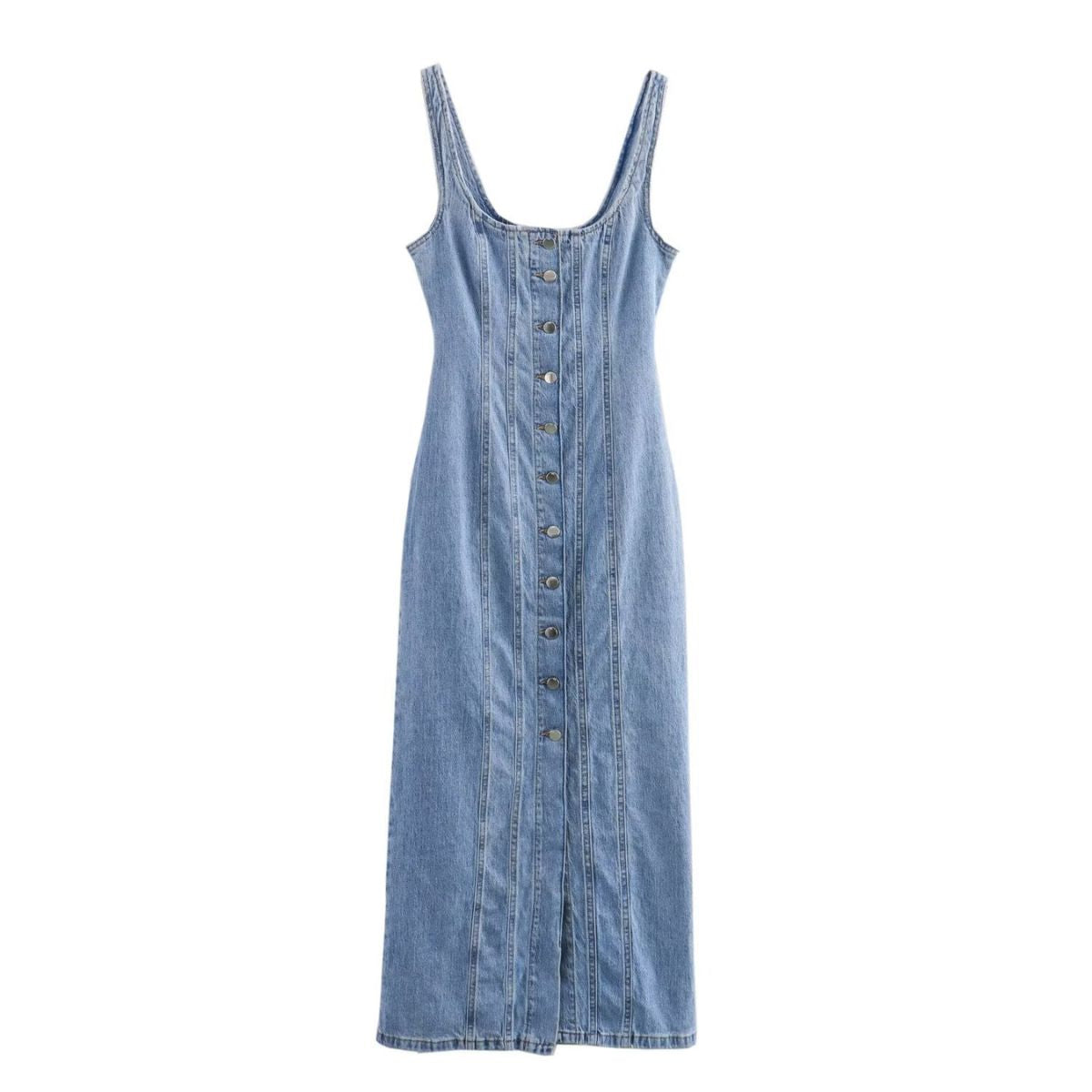 Button-Front Washed Strappy Denim Maxi Dress