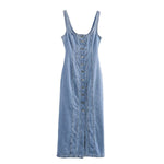 Button-Front Washed Strappy Denim Maxi Dress