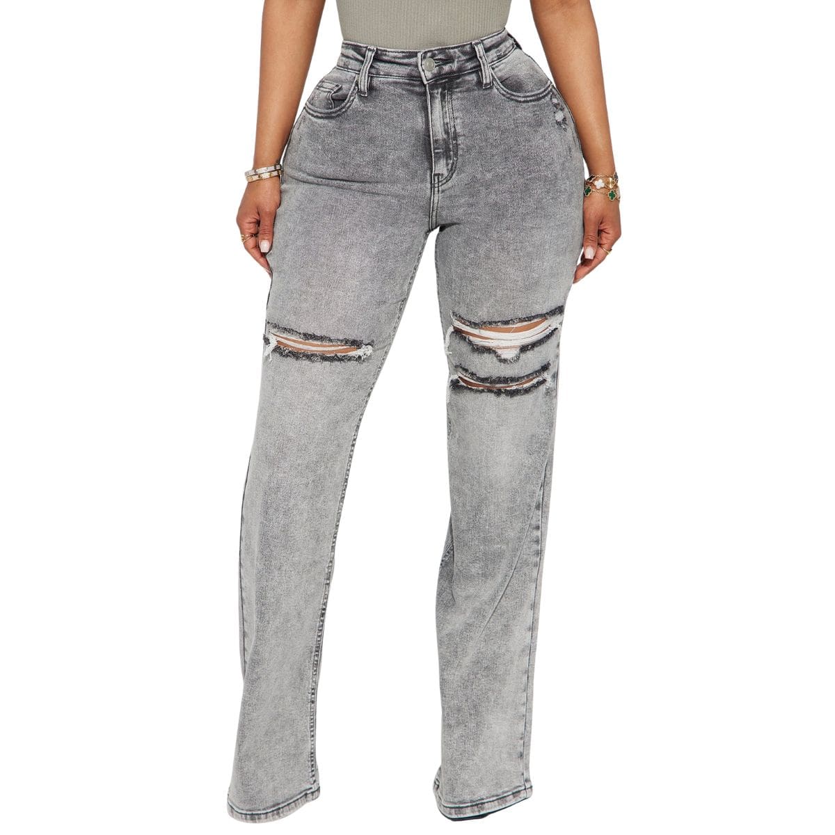Women's Ripped Washed High Rise Stretch Straight Wide Leg Jeans