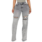 Women's Ripped Washed High Rise Stretch Straight Wide Leg Jeans