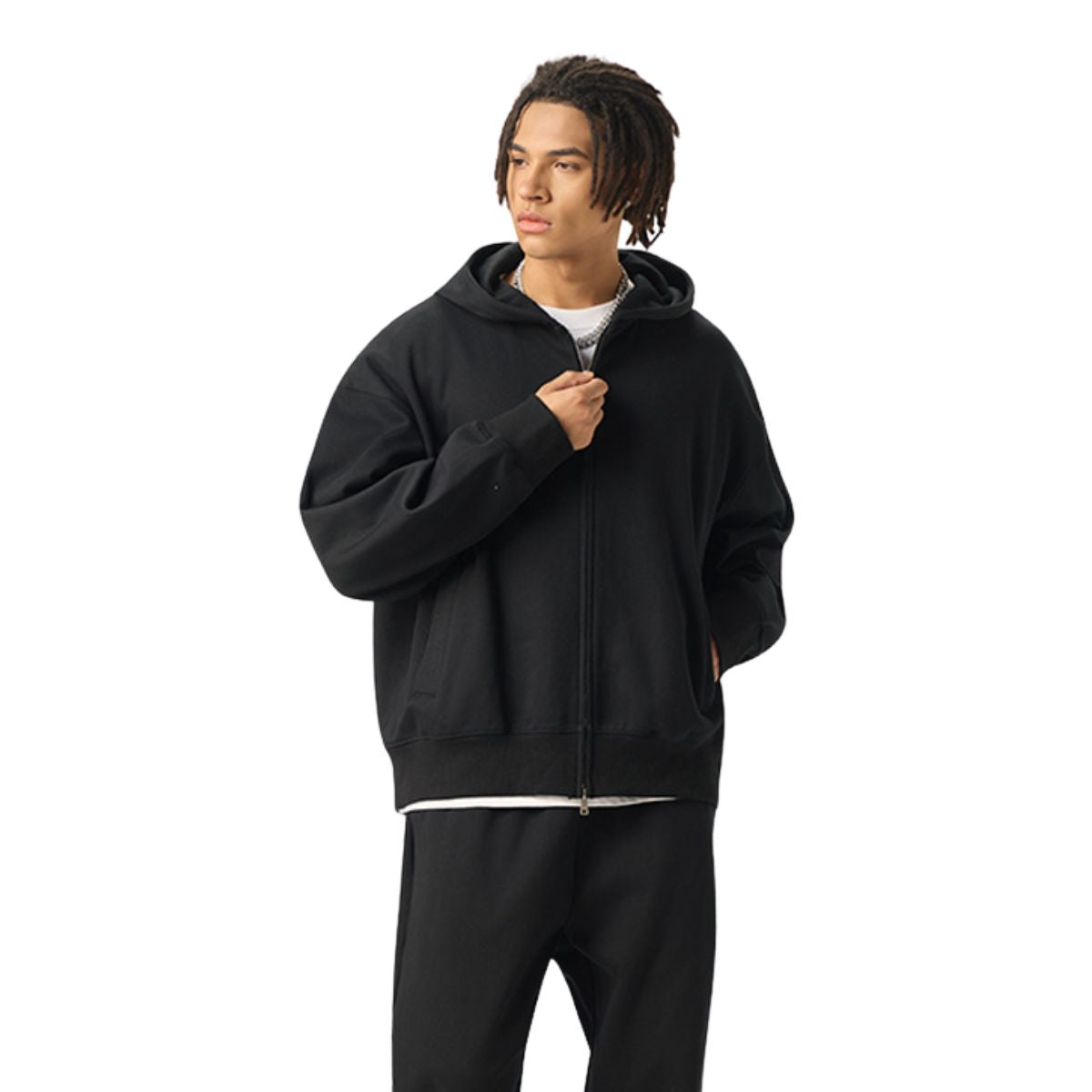 Solid Color Double-Slider Zipper Fleece Hoodie