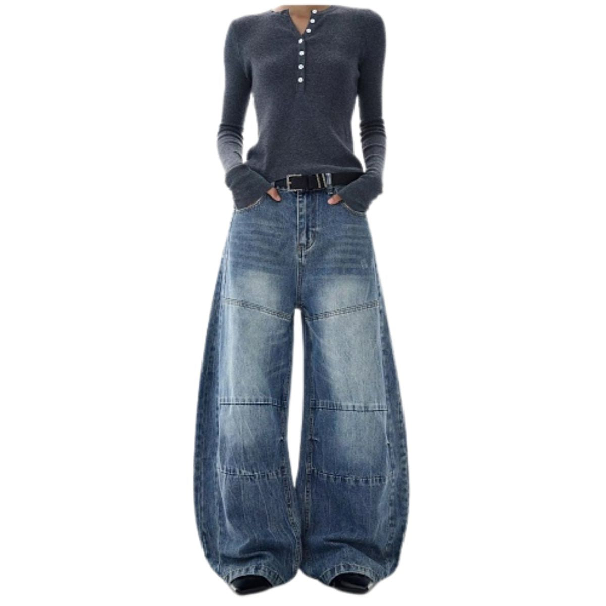 Panel Stitch Barrel Leg Denim Jeans