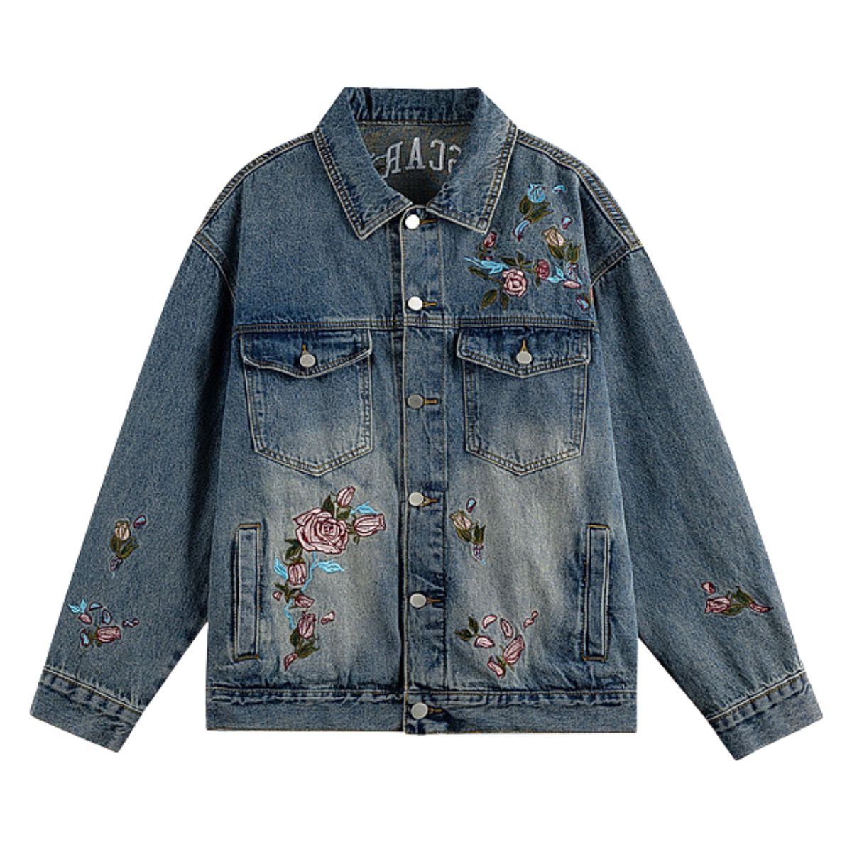 Casual Vintage Washed Floral Embroidered Hip-hop Denim Jacket