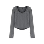 Women's Cotton Snow Wash U Neck Long Sleeve Cropped T-Shirt