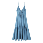 Lace-Up Denim Tiered Hem Slip Midi Dress