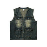 V-Neck Utility Denim Cargo Vest