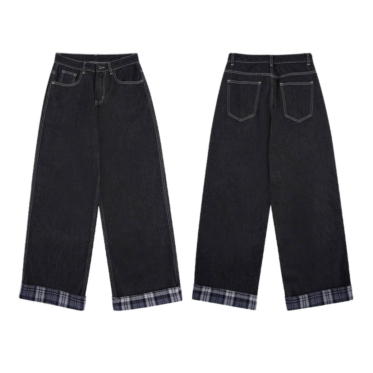 Contrast Stitch Black Wide-Leg Jeans