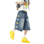 Star Print Washed Denim Capri Shorts