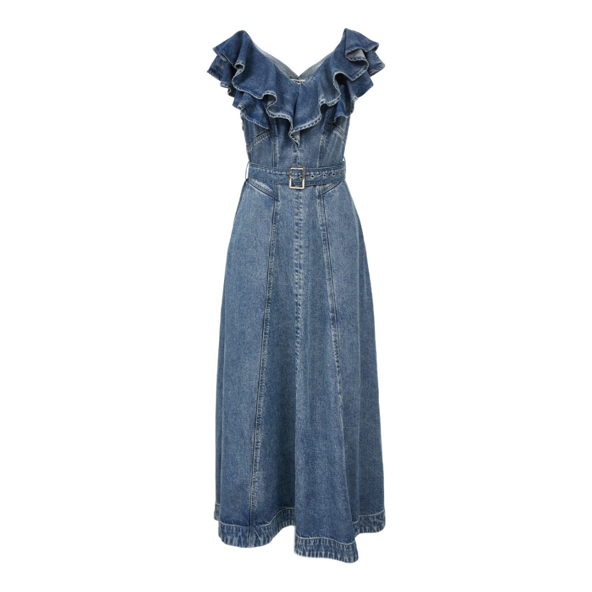 Belted Denim Ruffled Maxi Dress