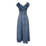 Belted Denim Ruffled Maxi Dress