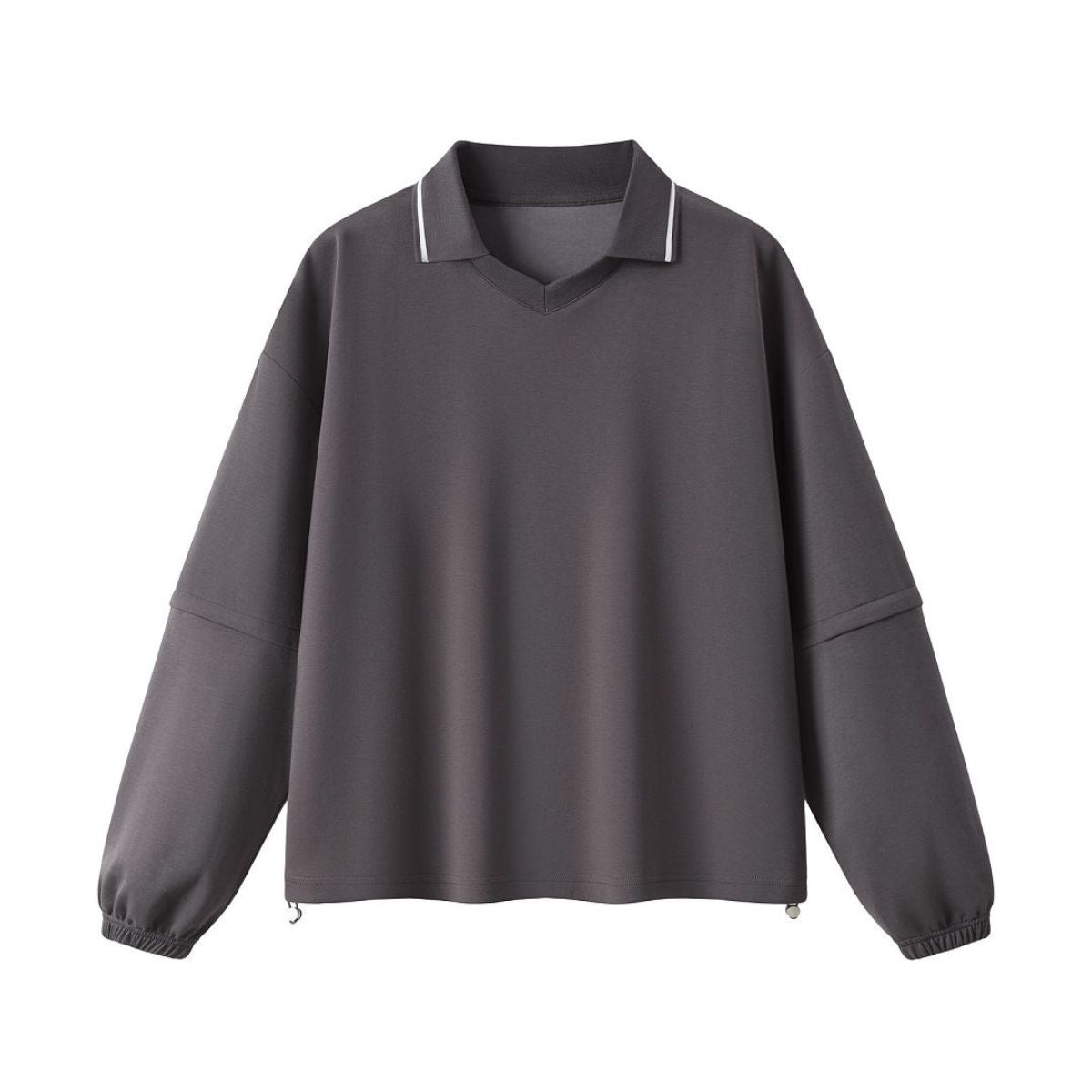 V‑Neck Color‑Contrast Hem Adjustable Drawstring Elastic Polo Sweatshirt