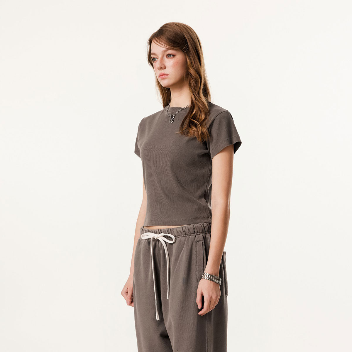 Washed Crew Neck Ribbed Crop Tee 8oz