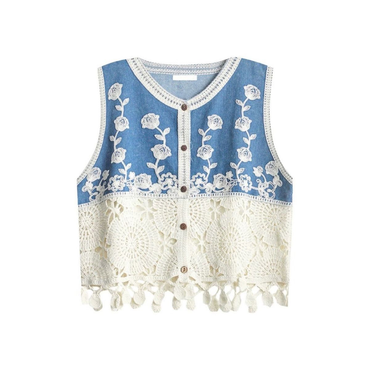 Floral-Embroidered Cut-Out Denim Vest