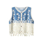 Floral-Embroidered Cut-Out Denim Vest