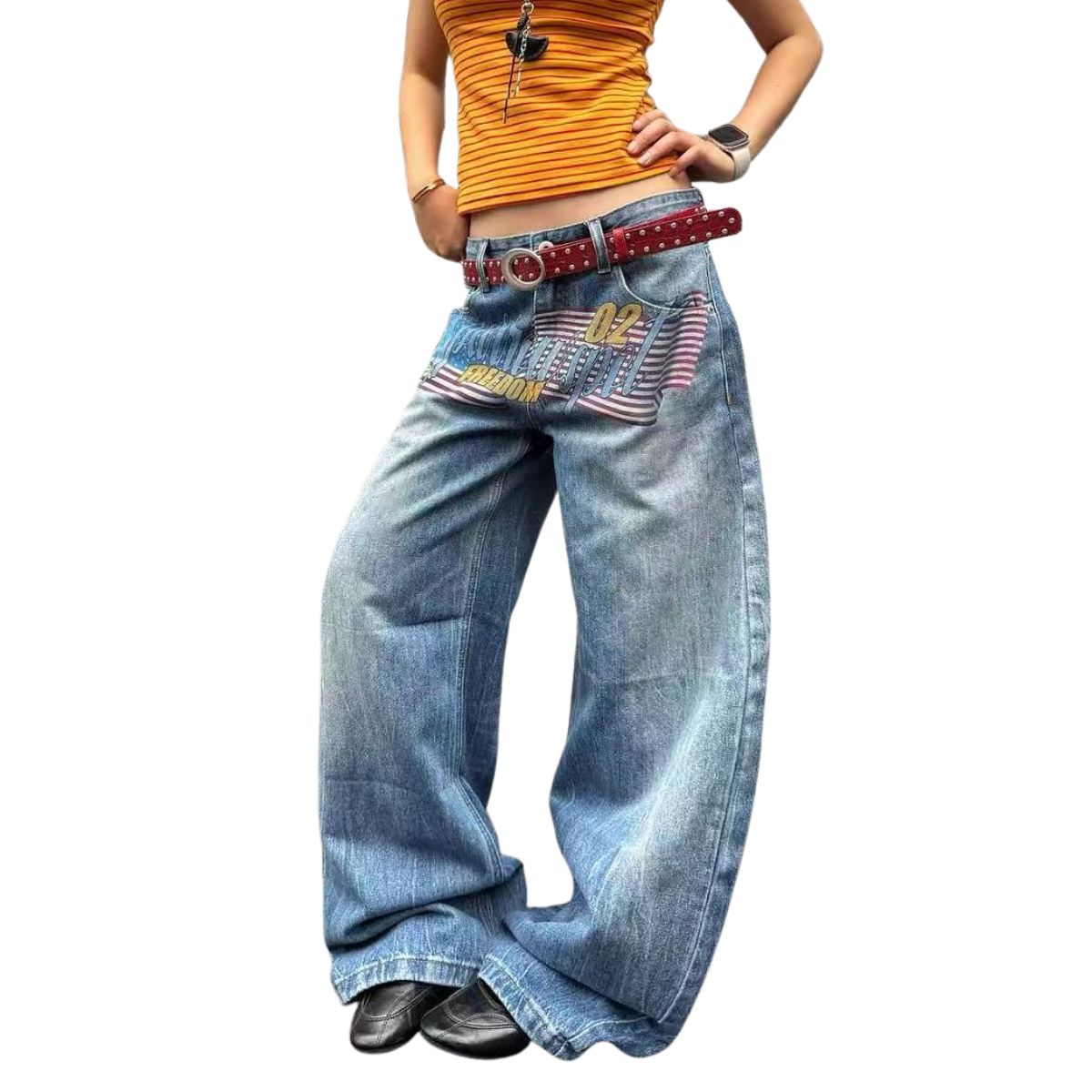 Vintage Graphic Print Relaxed Straight Leg Denim Jeans