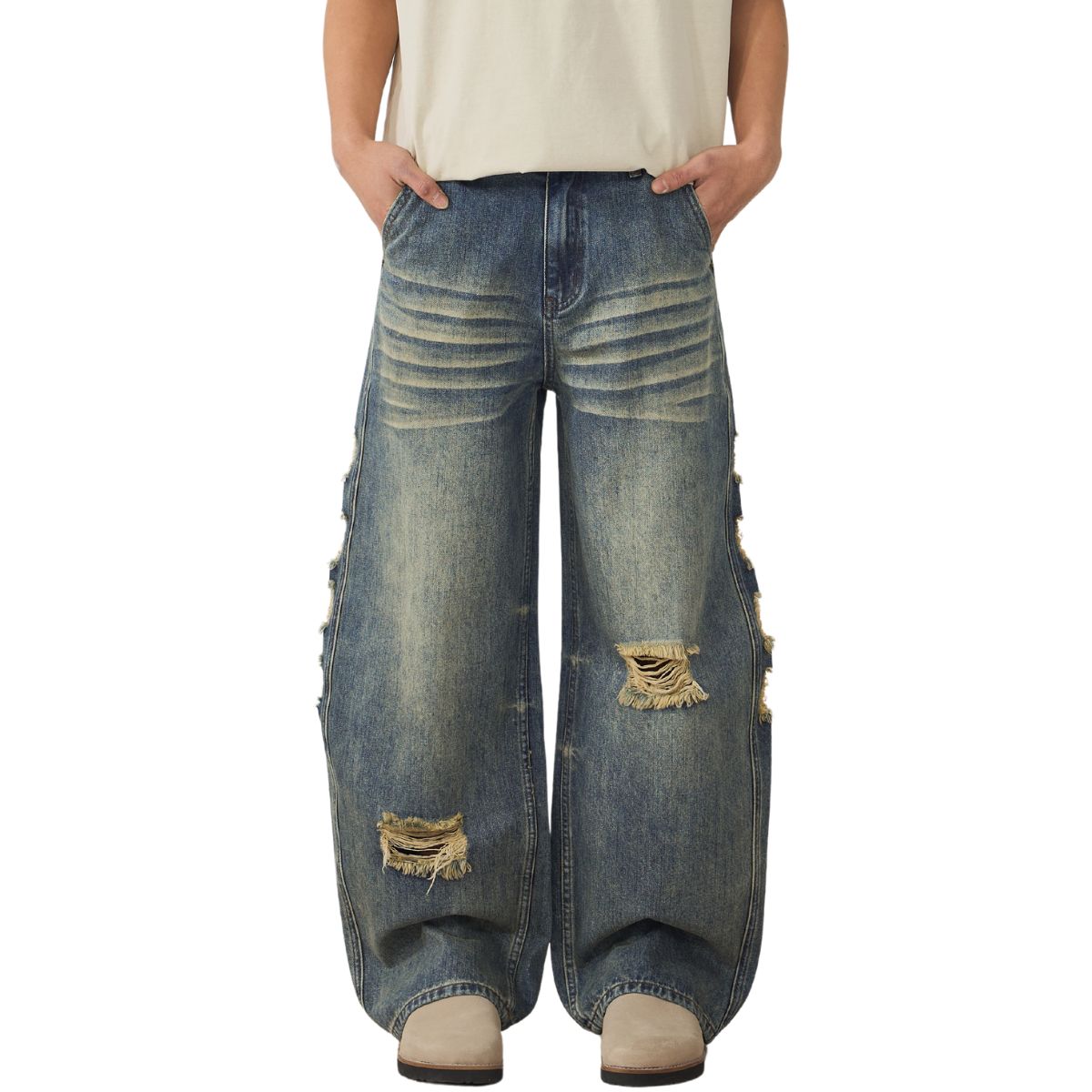 Smoke Rise Vintage Ripped Barrel-Leg Jeans