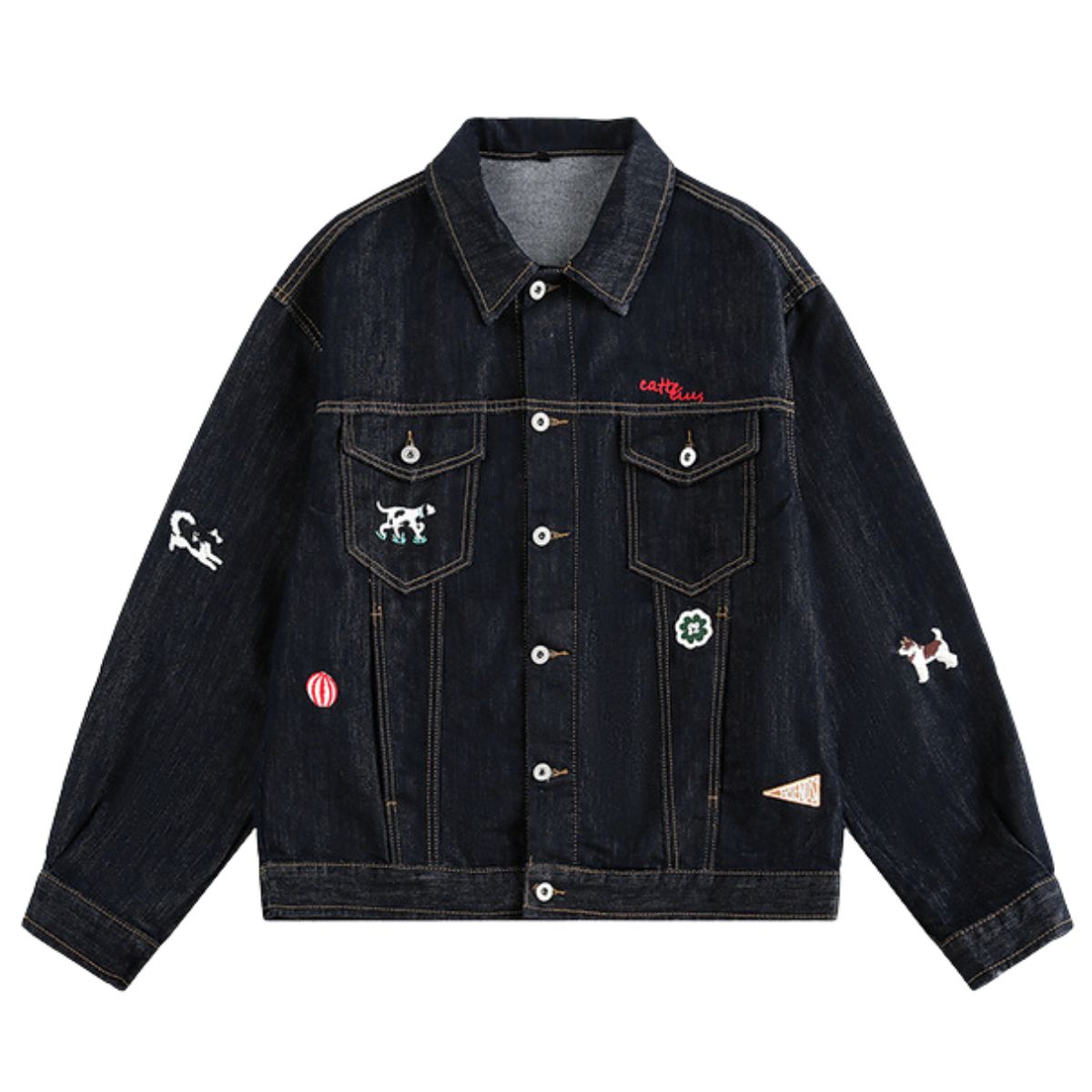 Unisex Loose Lazy Style Retro Cute Animal Embroidered Lapel Washed Denim Jacket