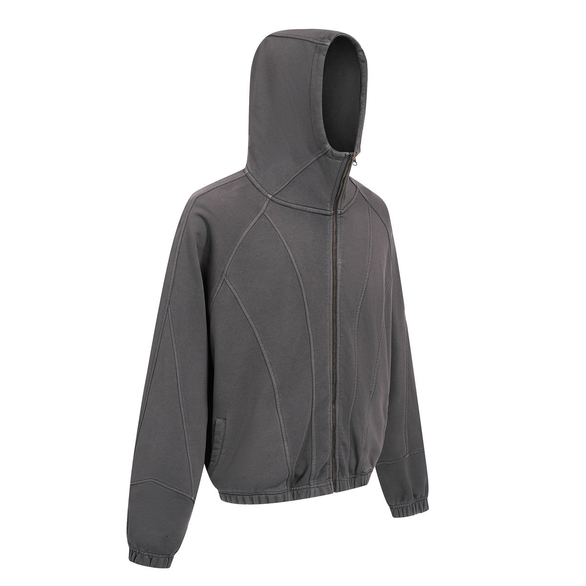 Vintage Washed Oversized Curved Stitch Zip Hoodie