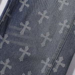 Cross Print Wide Leg Denim Jeans