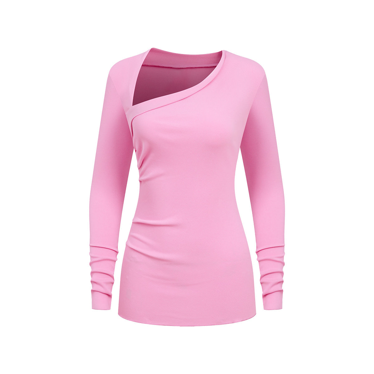 Asymmetric Neck Long Sleeve Ribbed Top