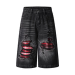 Ripped Patchwork Plaid Denim Bermuda Shorts