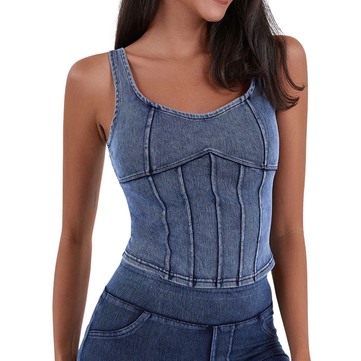 Knit Denim Corset Crop Fitted Tank
