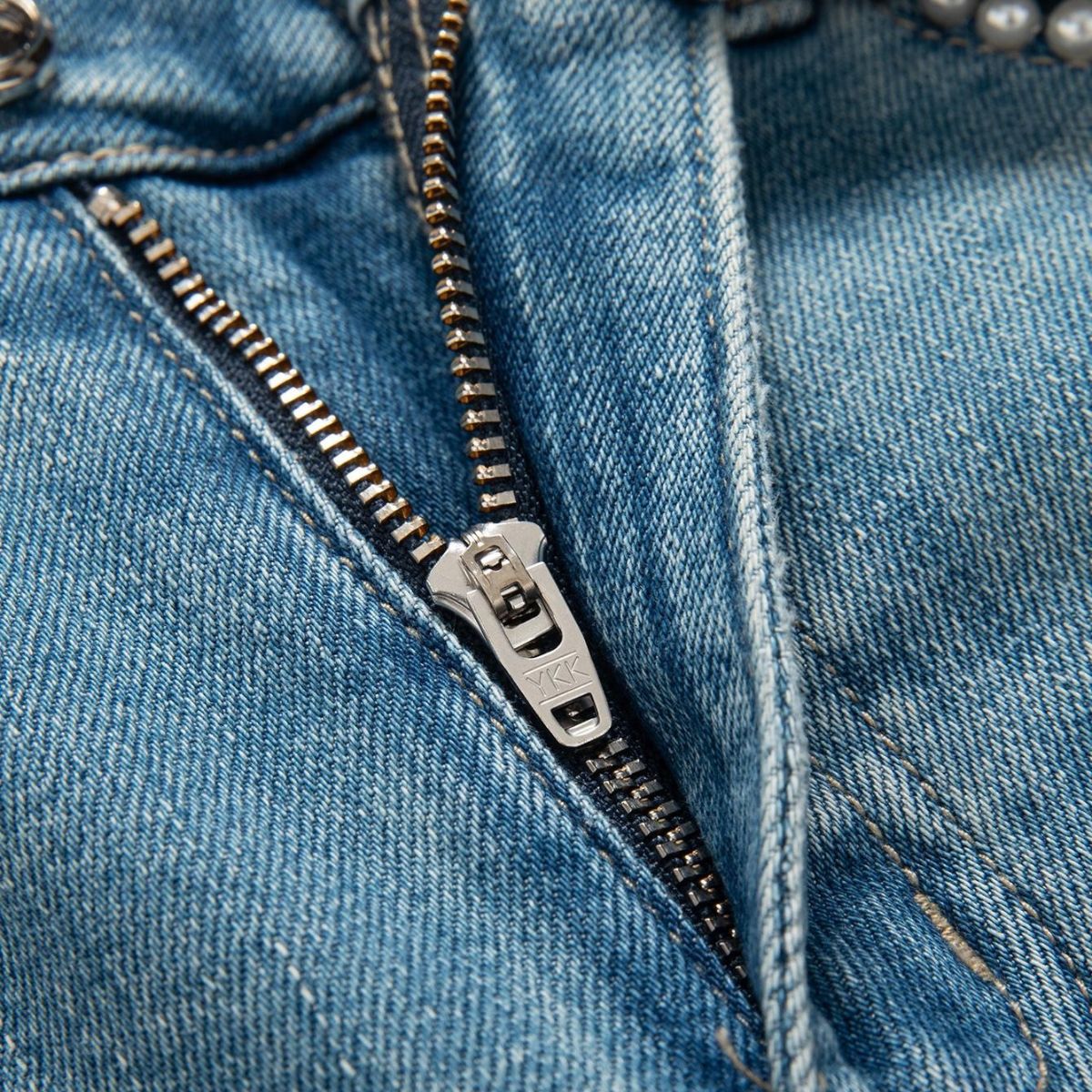 Risen Jeans Rose Embroidered Lace-Cut Jeans with Pearl Beading