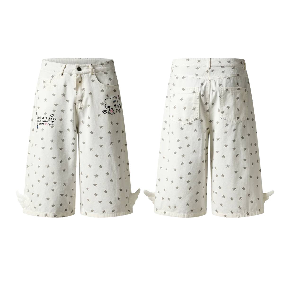 Washed Star Print Wing Detail Relaxed Wide-Leg Cropped Denim Pants