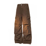 American Workwear Relaxed Solid Patchwork Wide-Leg Utility Cargo Pants