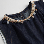Beaded Neckline Sleeveless Denim Belted Dress