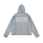 Unisex Retro Distressed Ripped Washed Denim Jacket with Hood