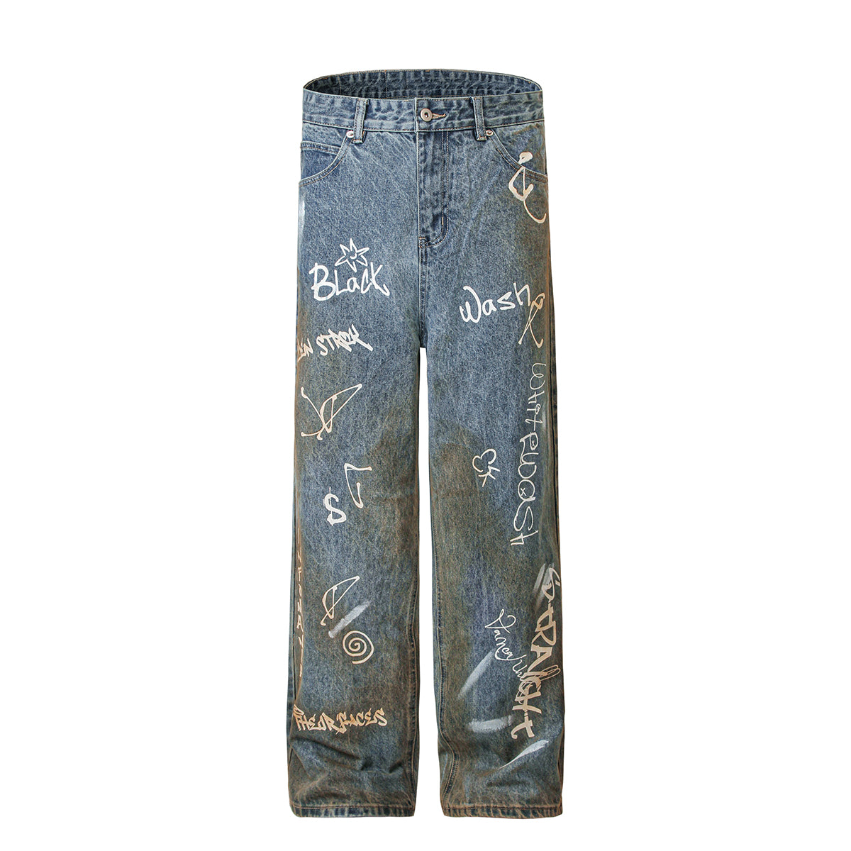 Graffiti Print Washed Wide-Leg Jeans