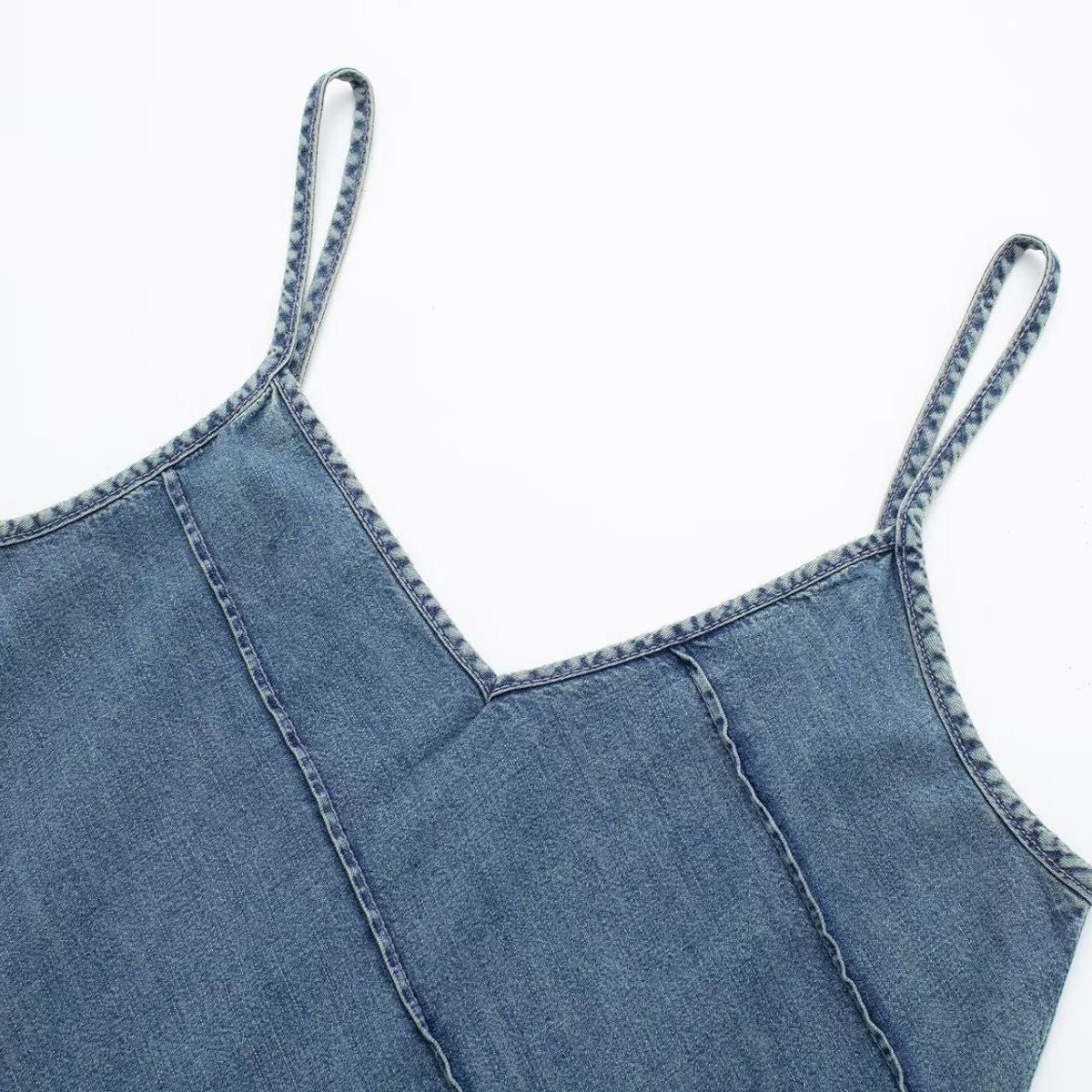 Diagonal Stitching Denim Spaghetti Strap Dress