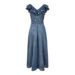 Belted Denim Ruffled Maxi Dress