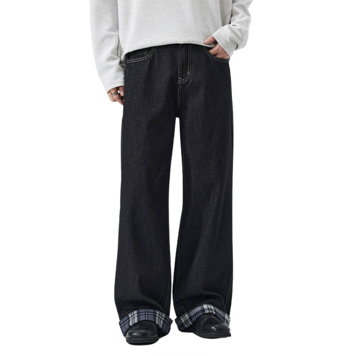 Contrast Stitch Black Wide-Leg Jeans