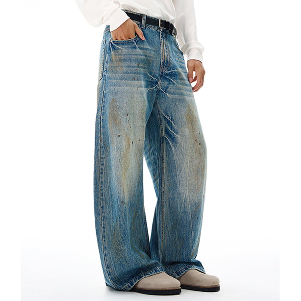 Light Blue Distressed Wide Leg Denim Jeans