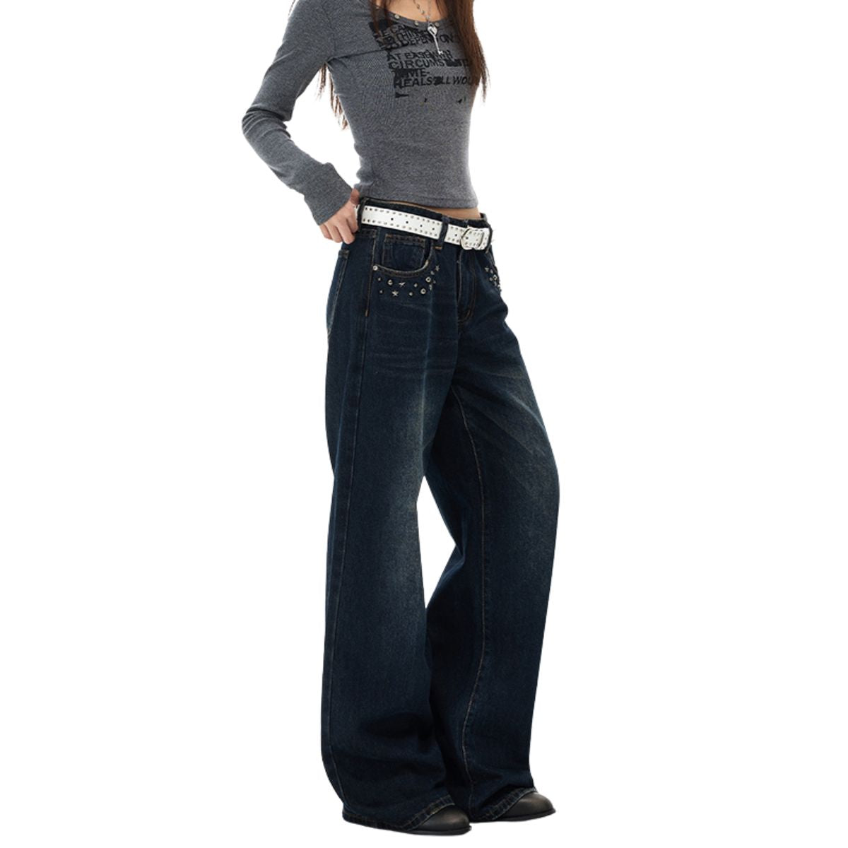 Vintage Studded Wide Leg Jeans