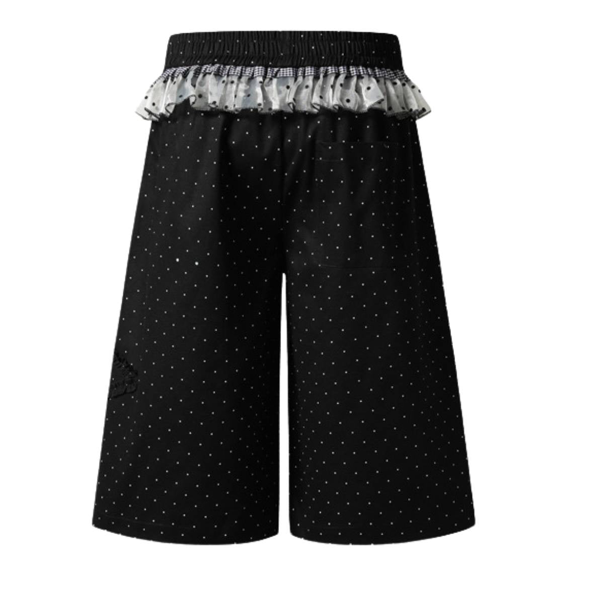 Y2K Polka Dot Graphic Ruffle Waist Baggy Wide-Leg Bermuda Denim Shorts