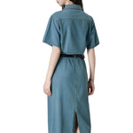 Short Sleeve Belted Midi Denim Shirtdress