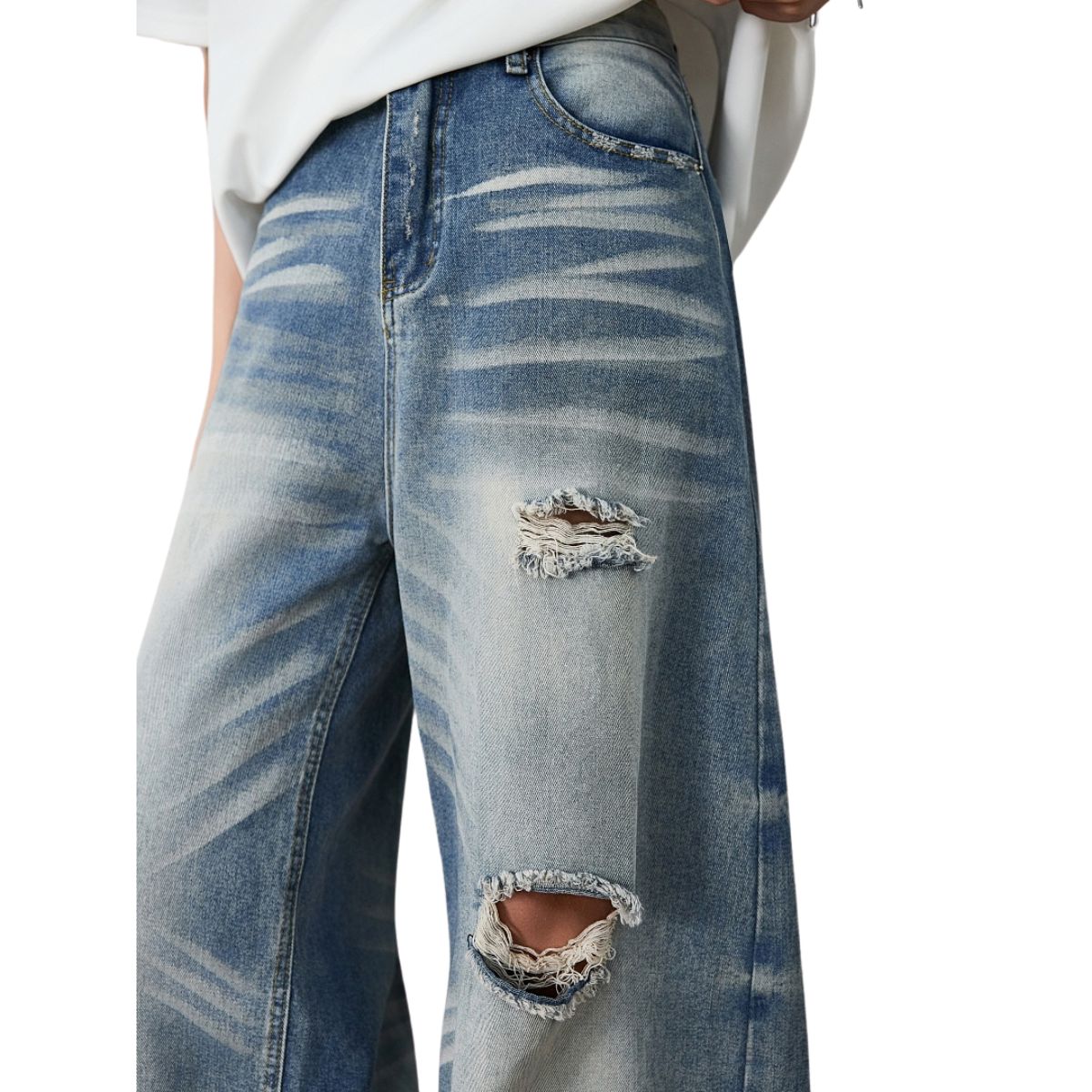 Distressed Curved Leg Wide Fit Denim Jeans
