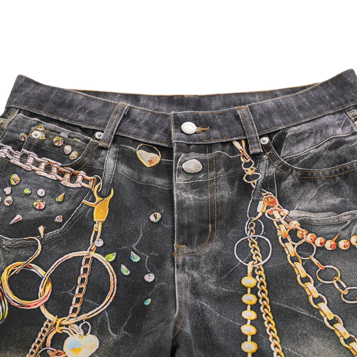 Vintage Washed Chain Graphic Straight Leg Jeans