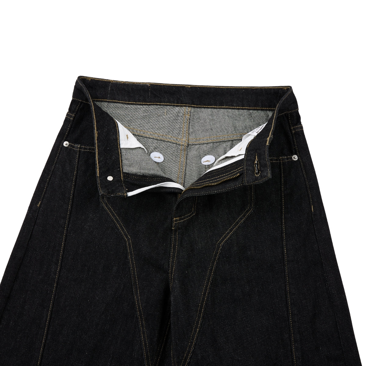 Raw Yellow-Stitch Wide-Leg Curved Baggy Denim Pants