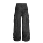Men's Distressed Washed Denim Cargo Pants Wide Leg Unique Structured