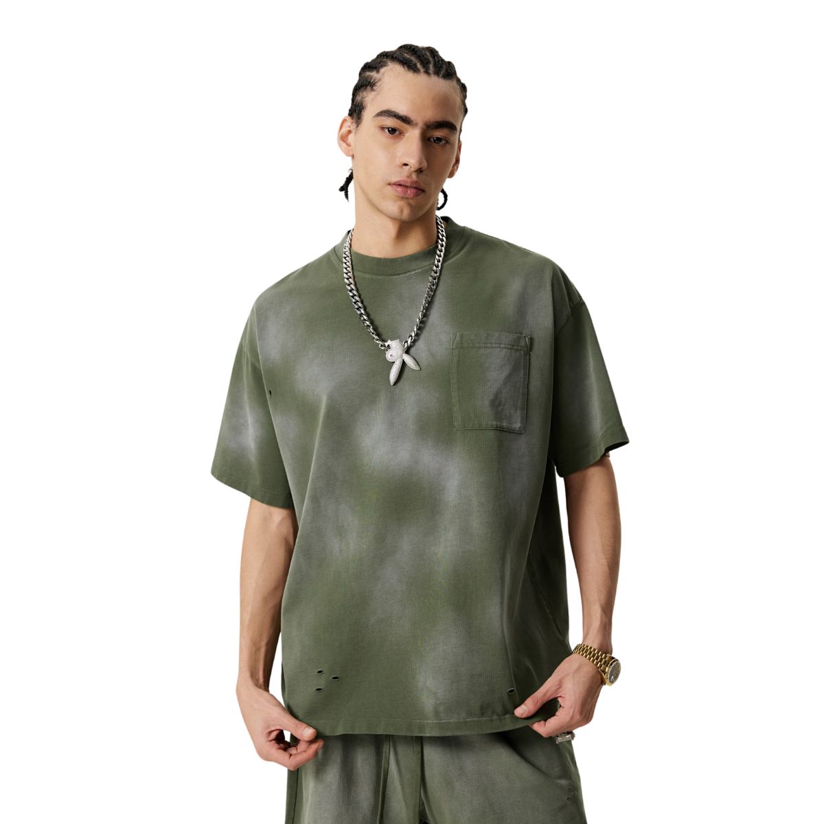 Camiseta con bolsillo desgastado y lavado ácido de 8.5 oz