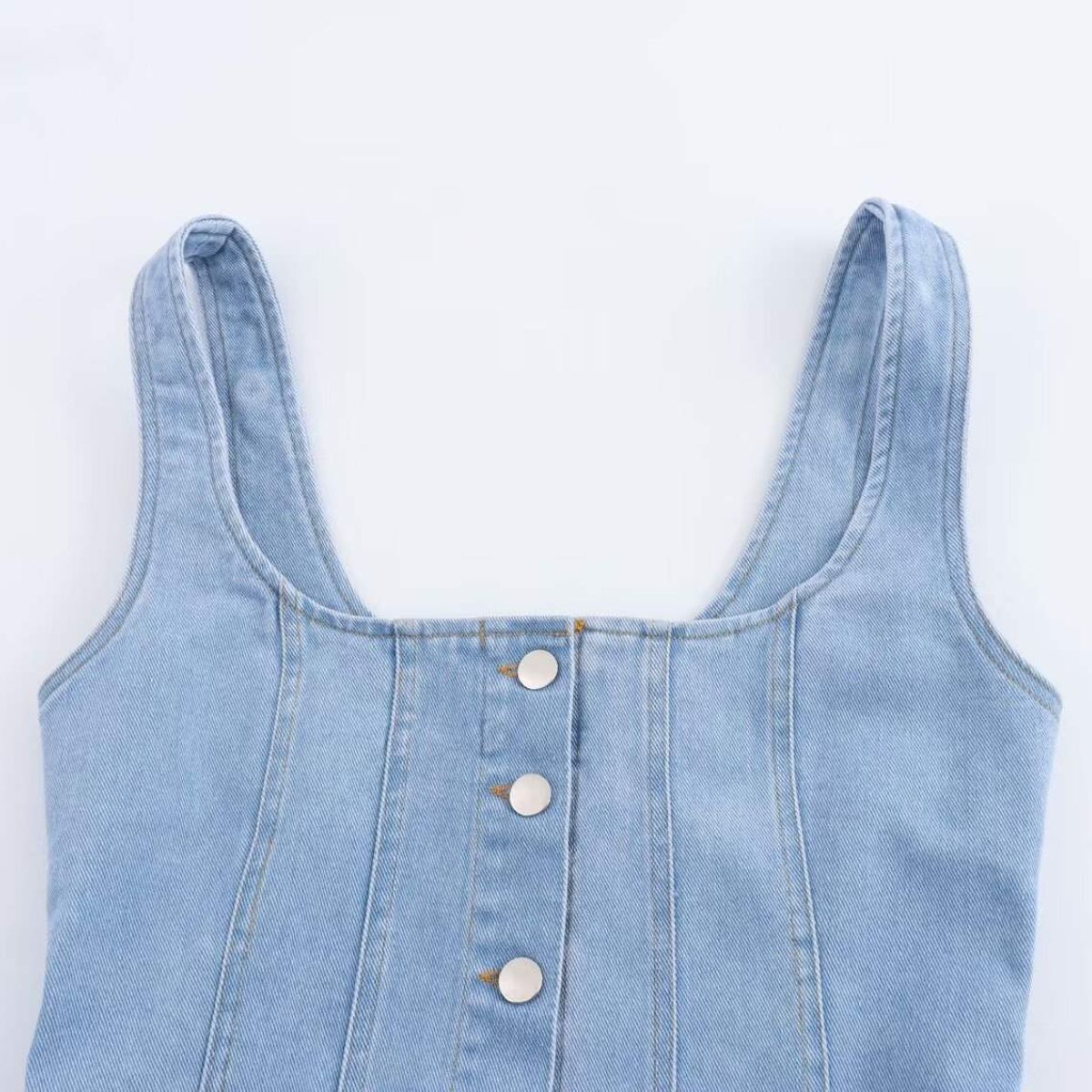 Button-Front Strappy Denim Maxi Dress