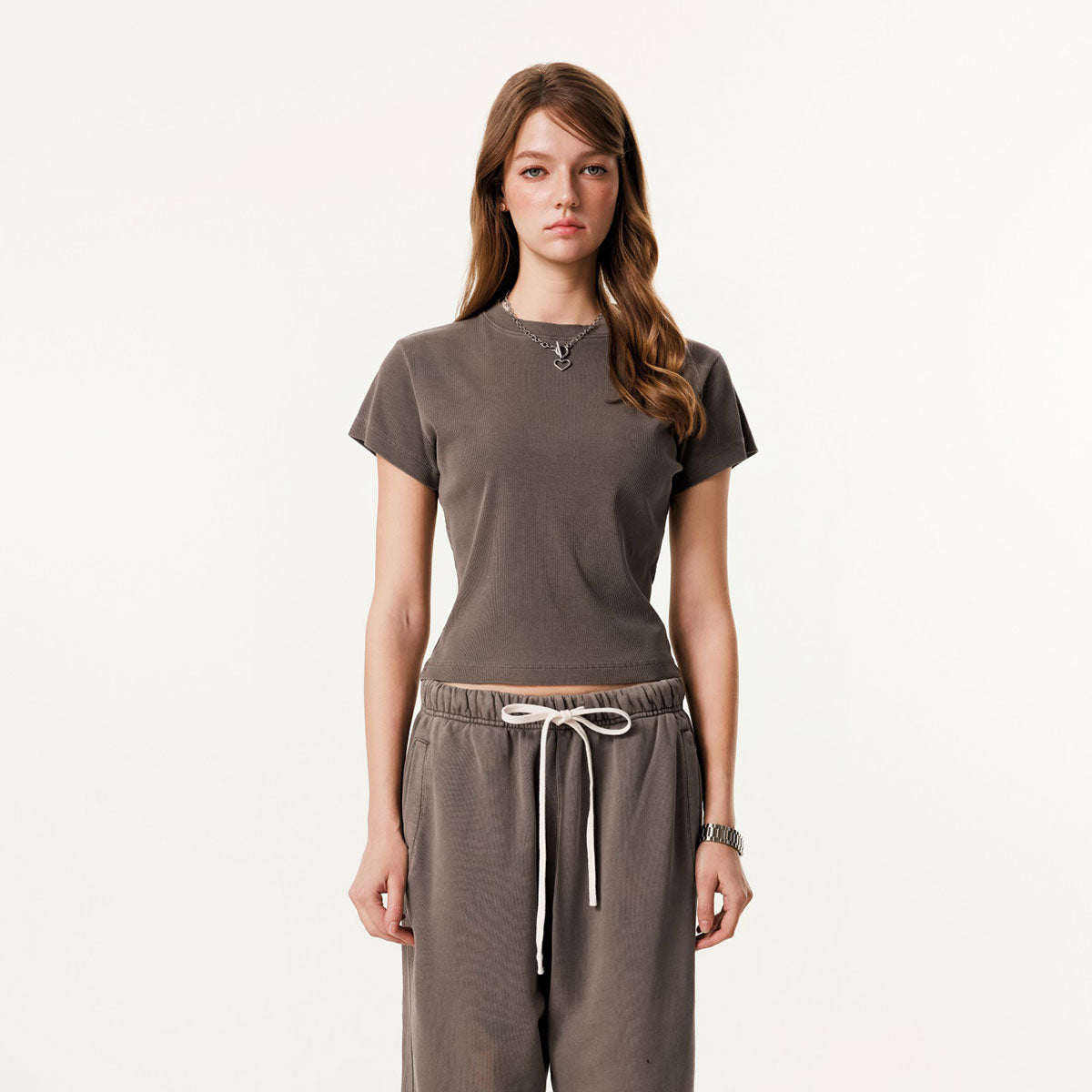 Washed Crew Neck Ribbed Crop Tee 8oz