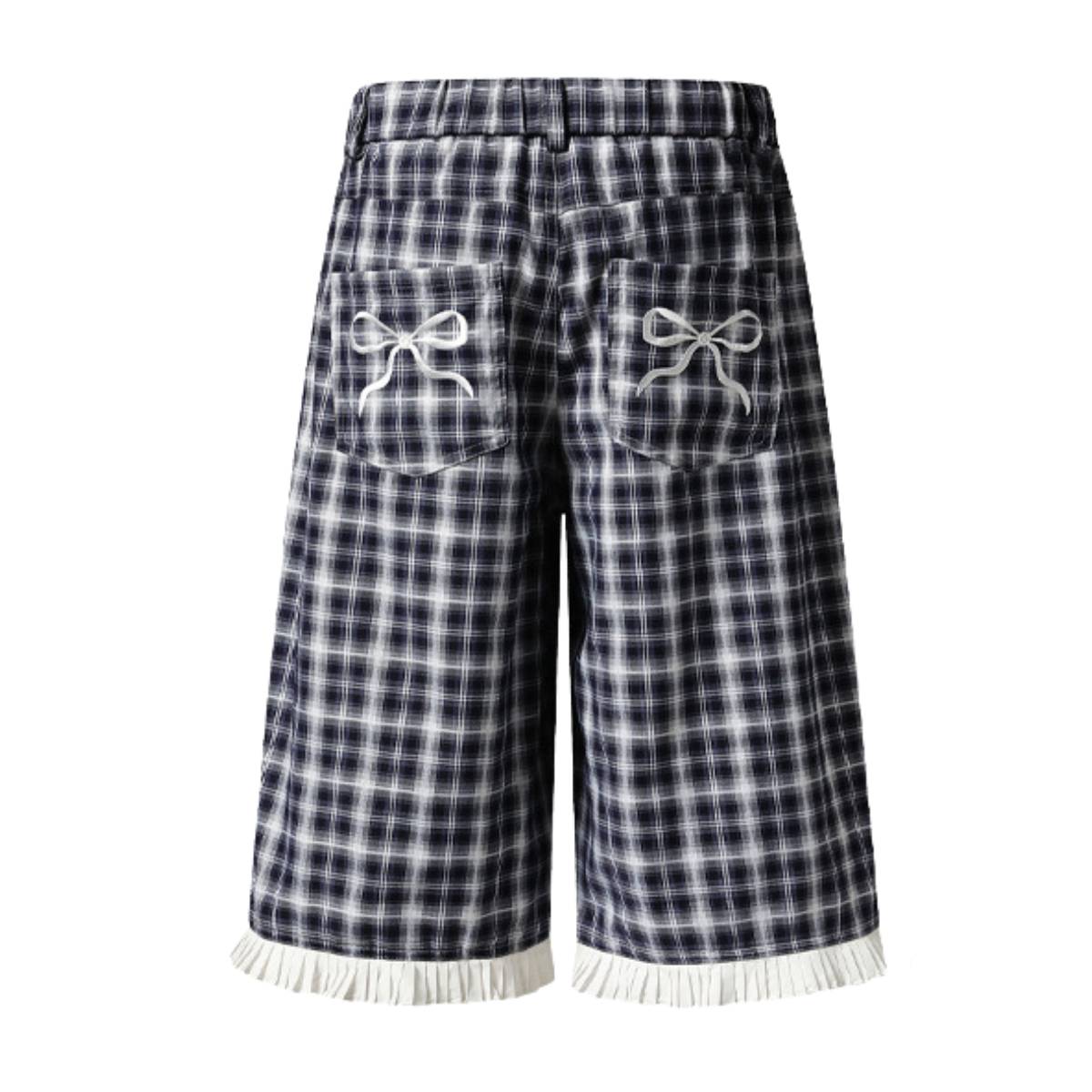 Washed Plaid Graphic Patchwork Bow Detail Relaxed Wide-Leg Capri Denim Pants