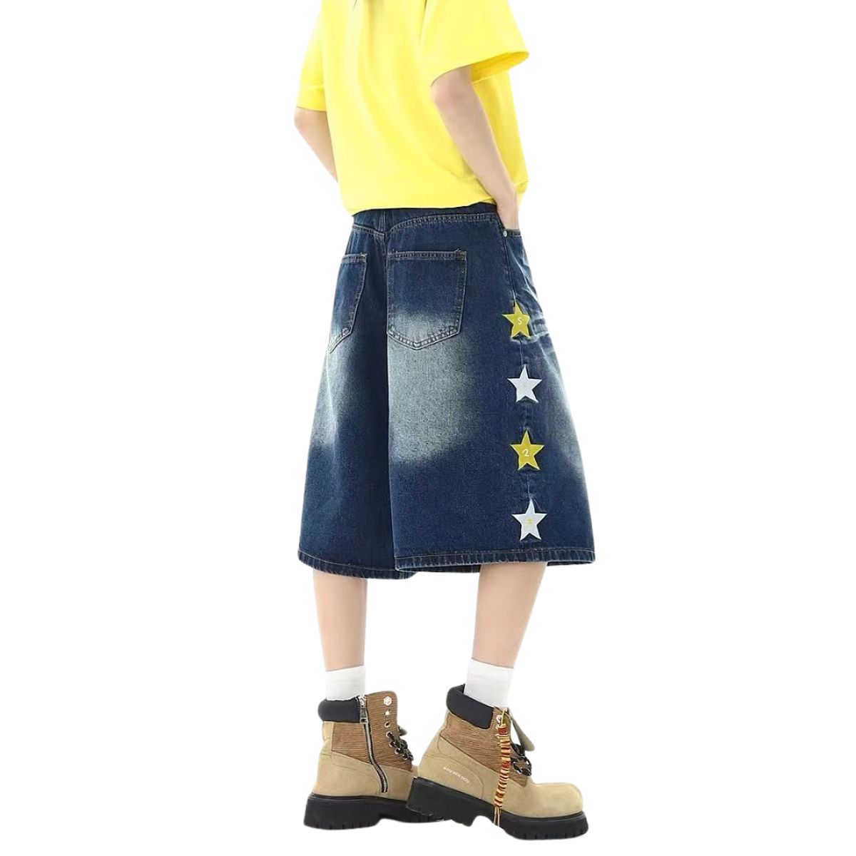 Star Print Washed Denim Capri Shorts