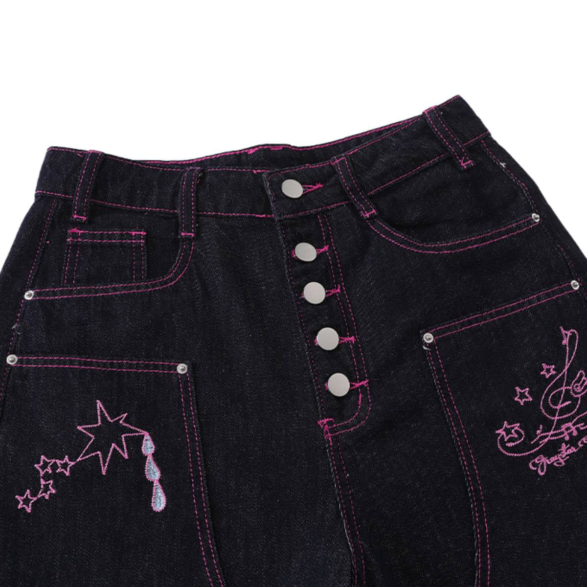 Washed Contrast Star Heart Embroidered Button Wide-Leg Bermuda Shorts